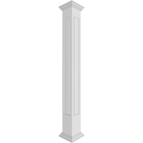 Ekena Millwork 9-5/8 in. x 10 ft. Premium Square Non-Tapered, Raised Panel PVC Column Wrap Kit, Crown Capital and Base