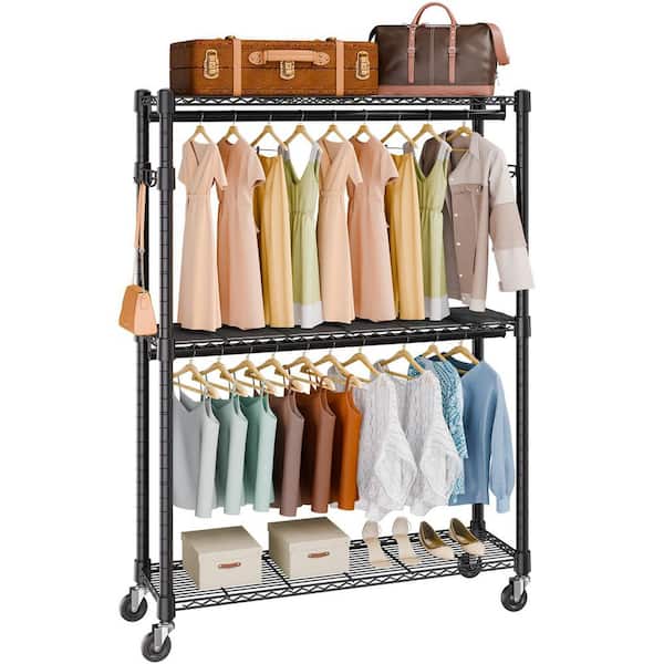 Heavy Duty Clothes Rack, Rolling Clothing Garment Rack with 3-Storage Tiers, 2-Rods, 2-Pairs Side Hooks, 400 lbs. Black