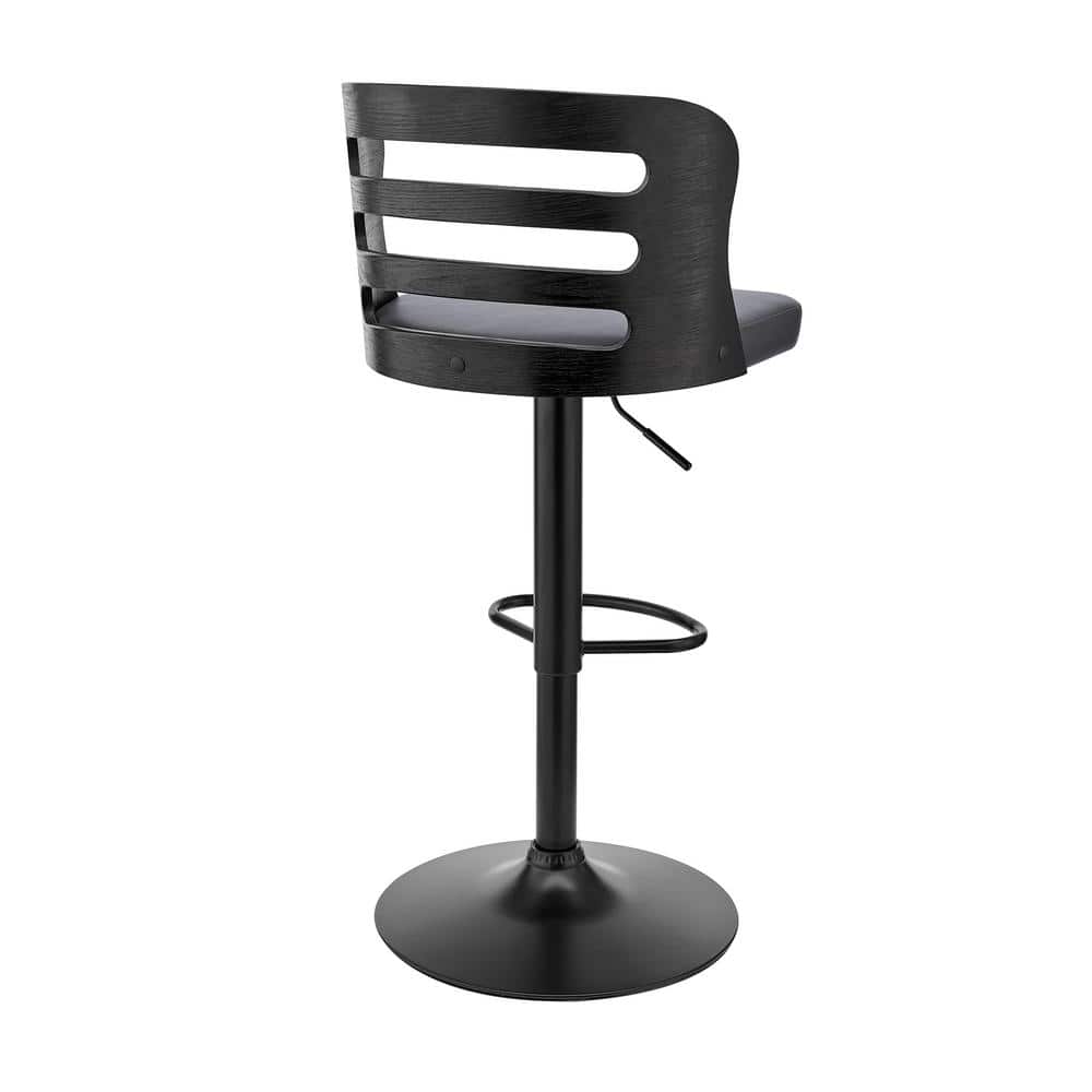 Adjustable Gray Faux Leather and Black Wood Swivel Bar Stool