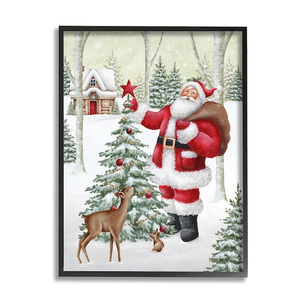Stupell Industries Santa and Snowy Cabin by Emma Leach 1 Piece Framed Graphic Print Nature Poster Art Print 30 in. x 24 in.