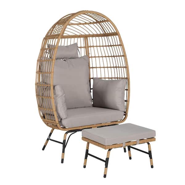 1-Piece Metal Wicker Indoor/Outdoor Oversized Lounge Egg Chair with Light Gray Cushion and Ottoman