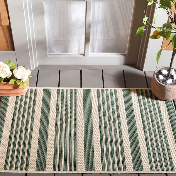 Courtyard Beige/Dark Green 3 ft. x 3 ft. Striped Indoor/Outdoor Square Area Rug