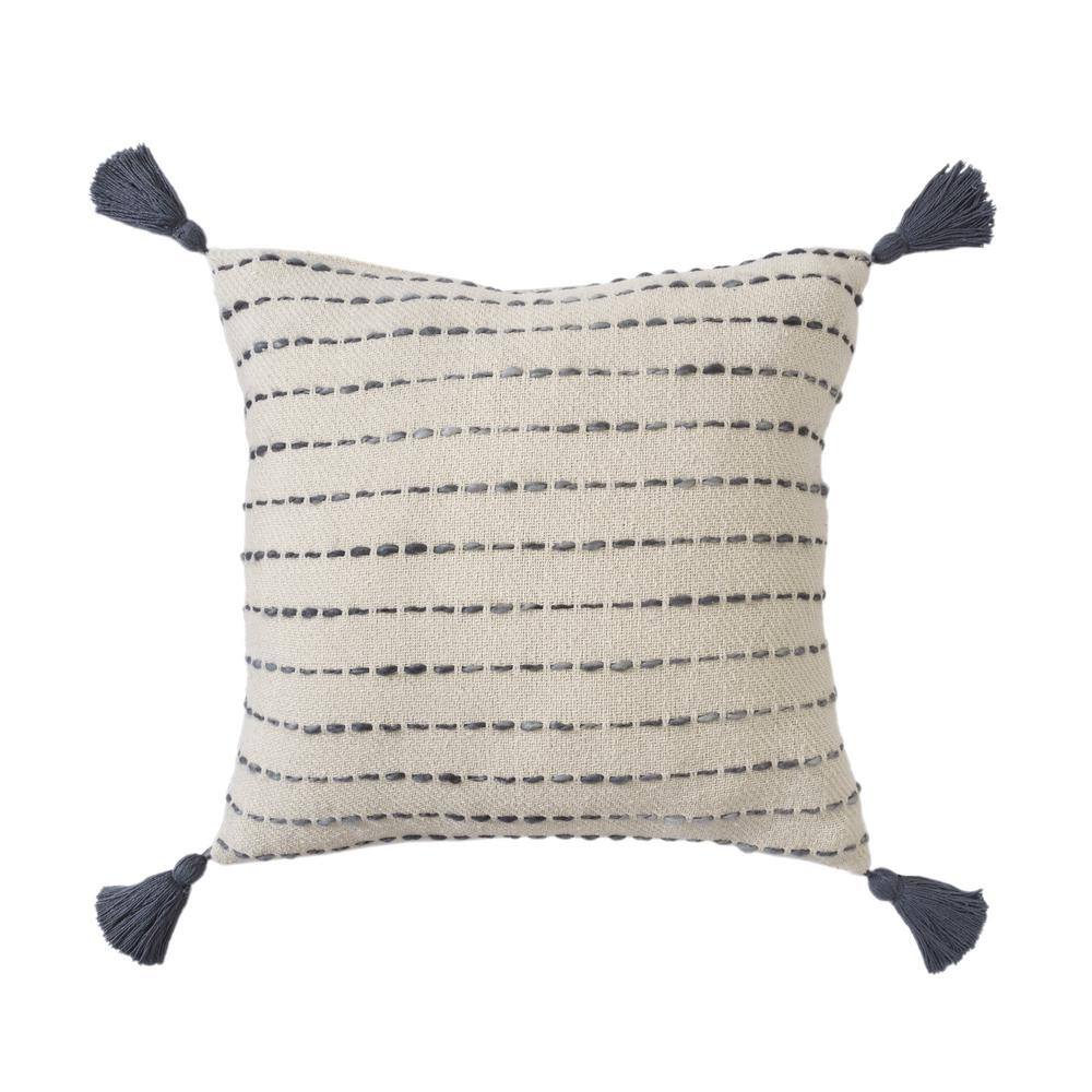 Black and Ivory Cotton Blend Tassel Throw Pillow