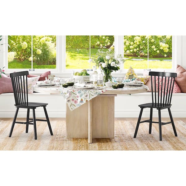 Windsor Classic Black Solid Wood Dining Chairs with Curving Spindle Back for Kitchen and Dining Room Set of 6