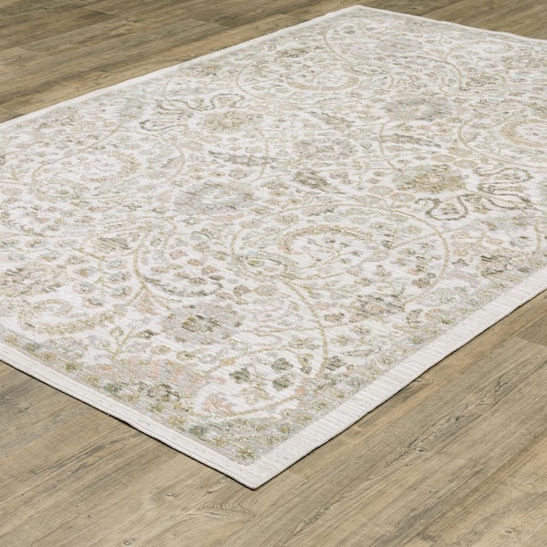 Claire Ivory/Gold 5 ft. x 8 ft. Oriental Floral Polypropylene-Polyester Blend Indoor Area Rug