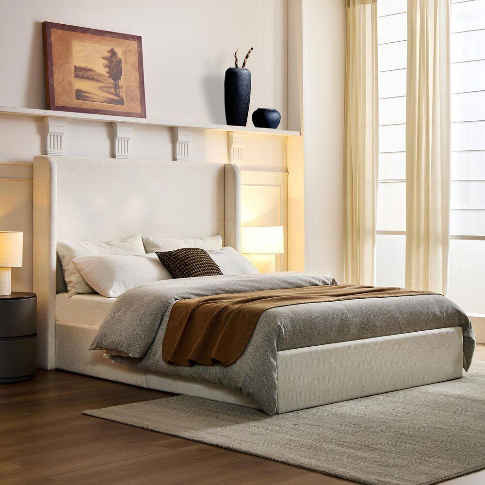 Kilby White Wood Frame King Size Platform Bed with Upholstered Wingback High Headboard Ivory - thumbnail 8