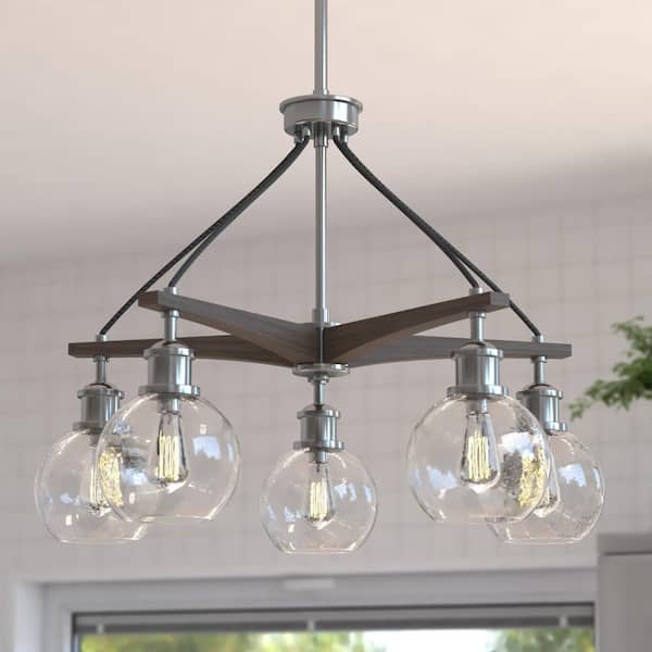 Avondale 25.5-in Satin Nickel and Wood Farmhouse 5-Light Chandelier Hanging Fixture, Clear Glass Globes
