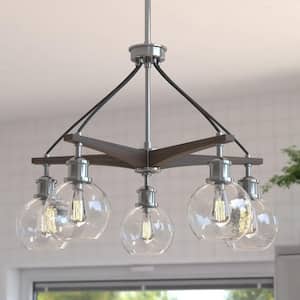 Avondale 25.5 in. Satin Nickel and Wood Farmhouse 5-Light Chandelier Hanging Fixture, Clear Glass Globes