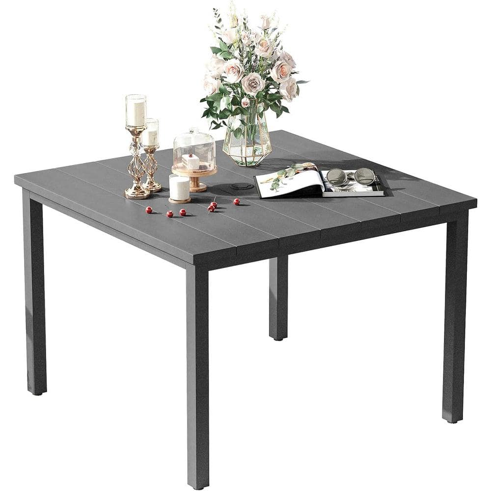 Square Metal Outdoor Dining Table with Umbrella Hole Grey Tabletop for Lawn