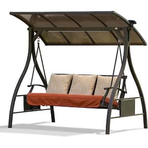 3-Person Steel Patio Swing with Solar LED Light and Sunbrella Cushions for Outdoor Garden, Balcony, Backyard