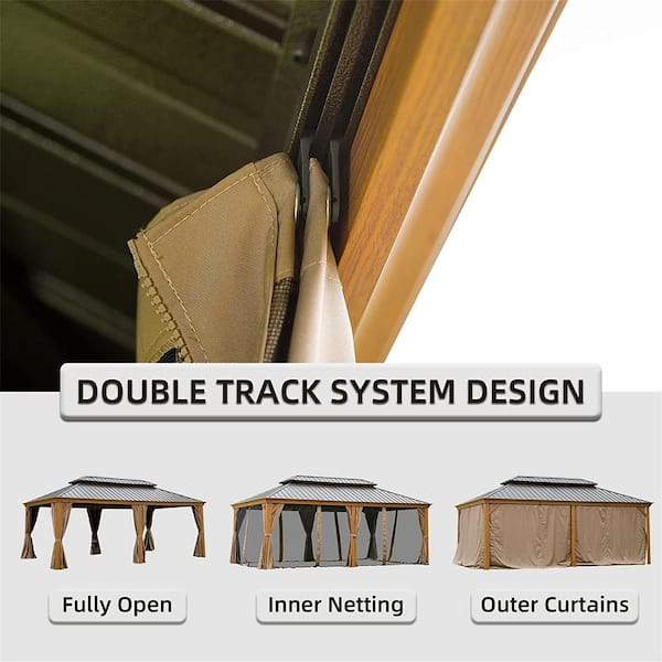 12 ft. x 20 ft. Outdoor Aluminum Frame Wood Grain Patio Gazebo Canopy Tent Shelter with Galvanized Steel Hardtop