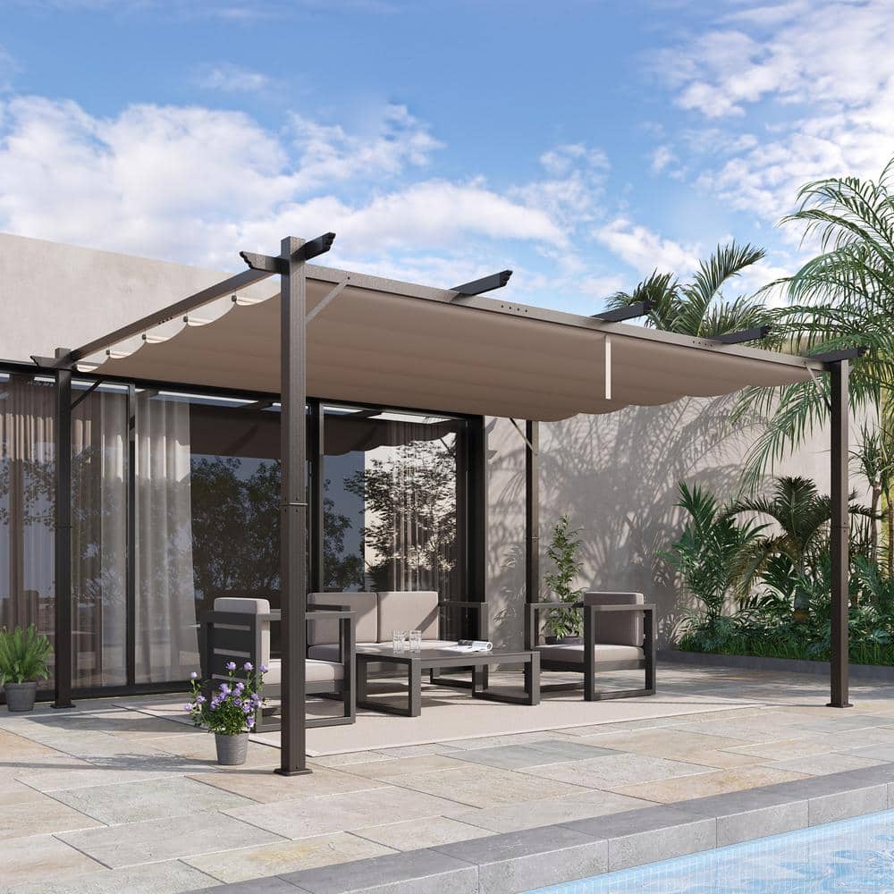 Brown Aluminum 10' x 13' Retractable Patio Pergola Canopy