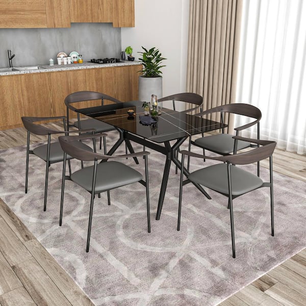 Leisuremod Kora Charcoal Modern Dining Chair Upholstered in Faux Leather with Steel Frame and Legs Kitchen Accent Arm Chair