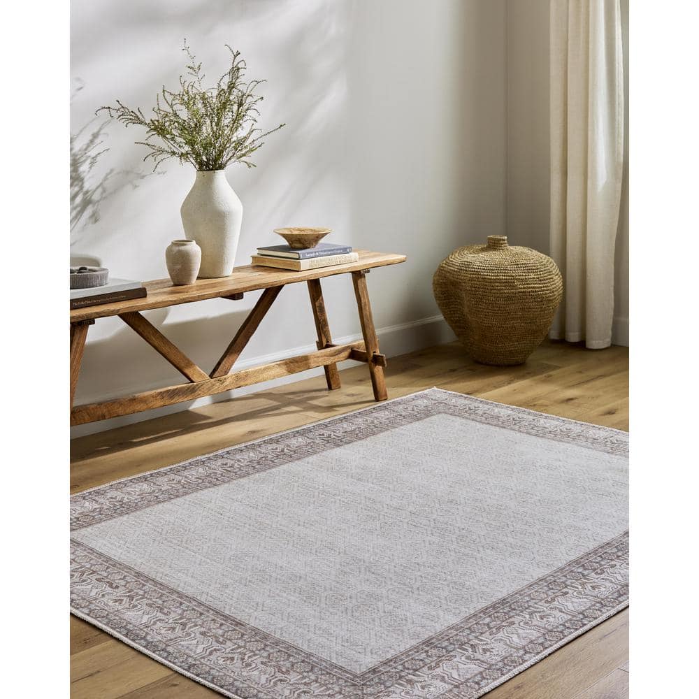 Rainier Brown and Cream Rectangular Polyester Washable Area Rug