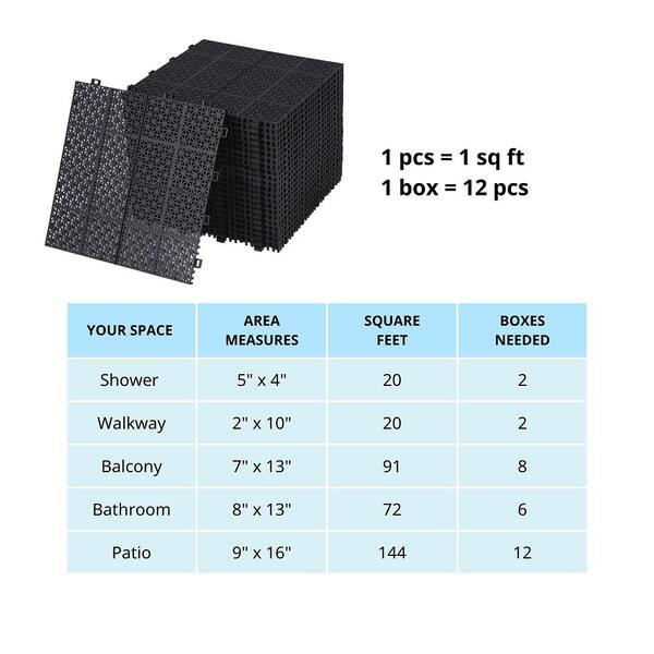 Amucolo 12 in. x 12 in. Waterproof Composite Interlocking Deck Tile in Black for Bathroom Shower Balcony Porch (Set of 12 Tiles)