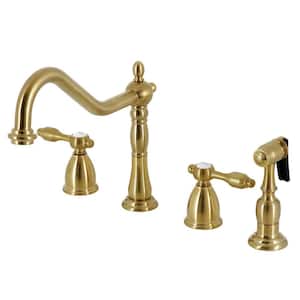 Tudor 2-Handle Deck Mount Widespread Kitchen Faucets with Brass Sprayer in Brushed Brass
