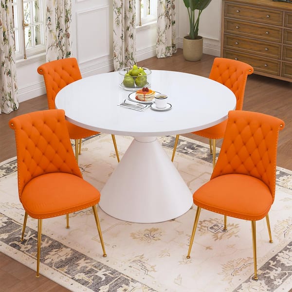Boyel Living 5-Piece Round White MDF Top Table Set Seats 4 (4-Orange Dining Chairs)