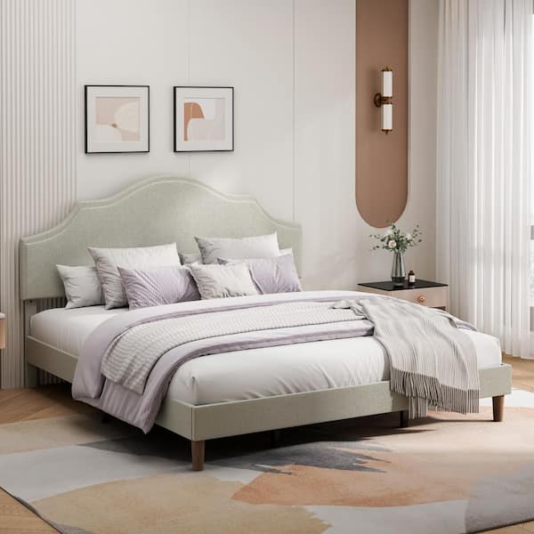 Modern Beige Wood Frame Upholstered King Platform Bed with Adjustable Headboard, No Box Spring Needed