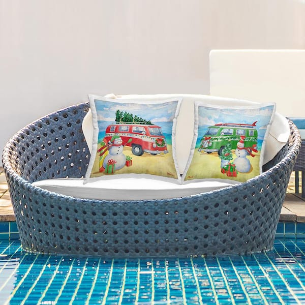 Stupell Industries Coastal Christmas Beach Snowman Multi-Color Square Outdoor Throw Pillow 2-Pack