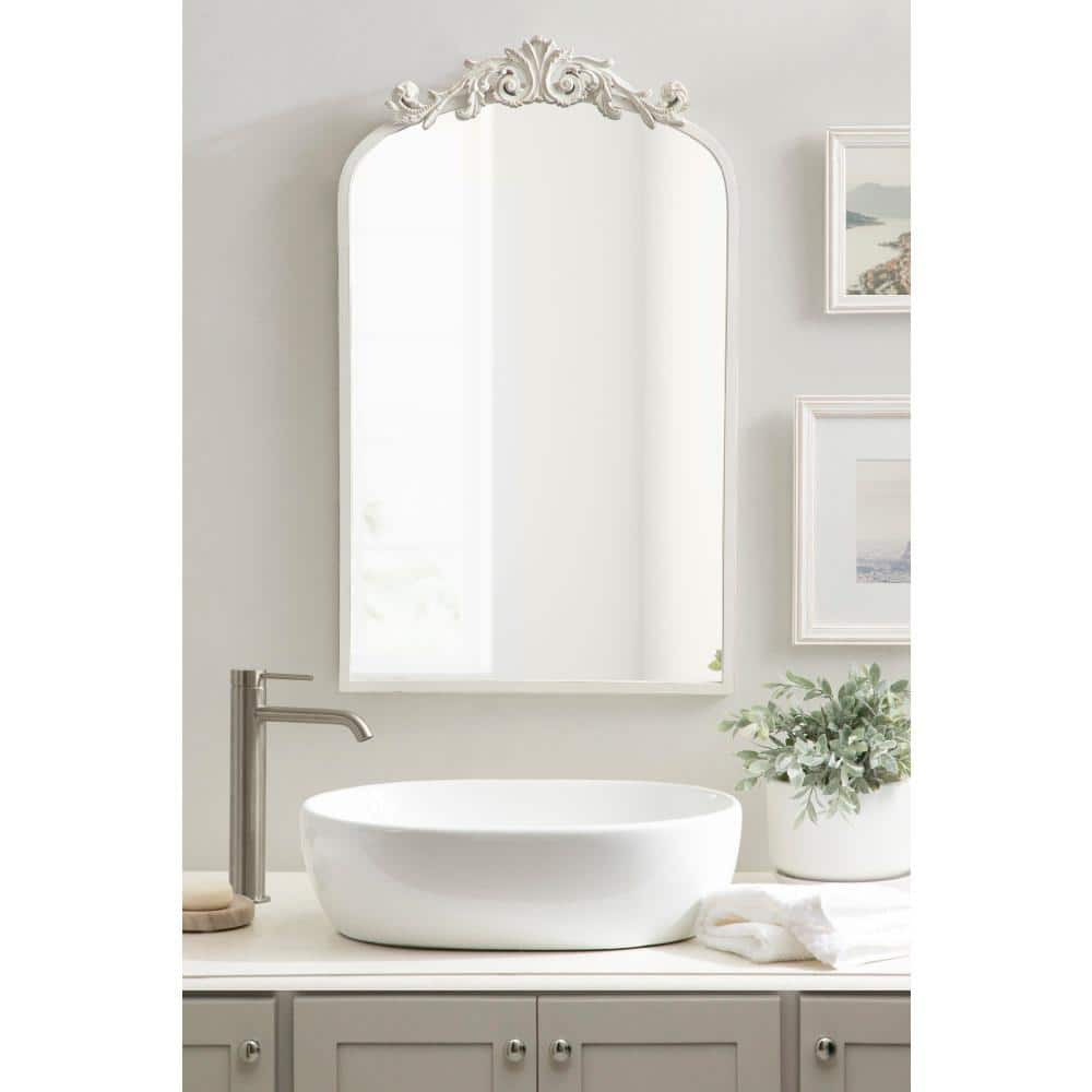 Antique White Baroque Arch Wall Mirror with Ornate Crown