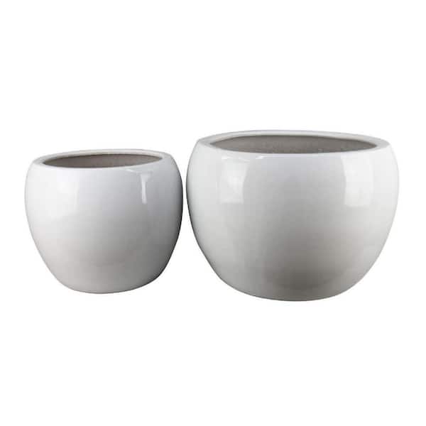 Womy White Indoor Ceramic Round Planter with Outdoor Compatibility (20 in. W x 13.5 in. H ) (Set of 2)