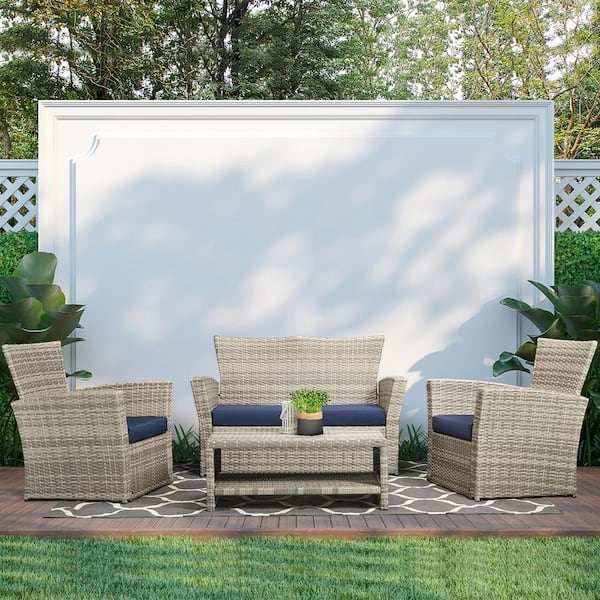 LAUREL CANYON Classic Gray 4-Piece Wicker Patio Conversation Set with Navy Cushions