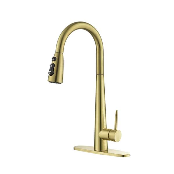Lukvuzo Single Handle Pull Down Sprayer Kitchen Faucet with Deck Plate, Commercial Modern Stainless Steel Kitchen Faucets Gold