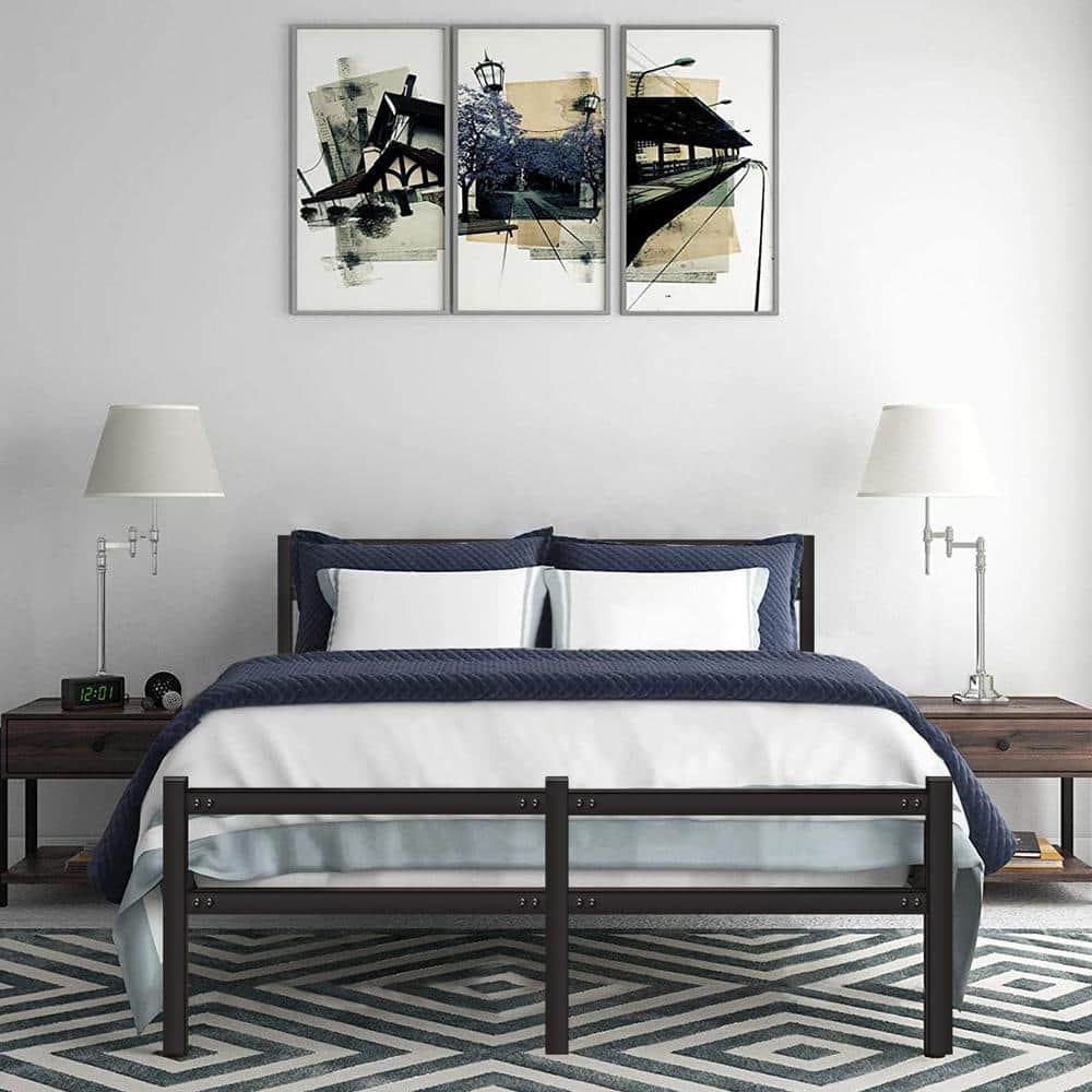 Lusimo Black Full Platform Bed Frame with Headboard with