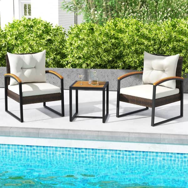 3 Piece Rattan Wicker Patio Conversation Set with White Cushions and Acacia Wood Coffee Table / Armrest