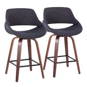 Fabrico 26 in. Charcoal Fabric and Walnut Wood Counter Stool with Square Black Footrest (Set of 2)