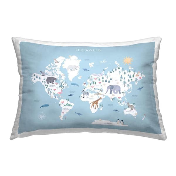 Stupell Industries Educational Animal Map Blue Print Polyester 14 in. x 20 in. Throw Pillow