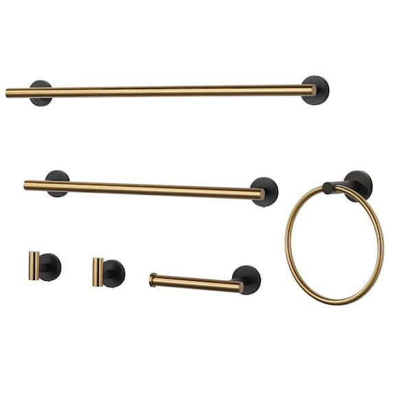 6-Piece Wall Mount Bath Hardware Set with Towel Ring Toilet Paper Holder Towel Hook and Towel Bar in Black and Gold