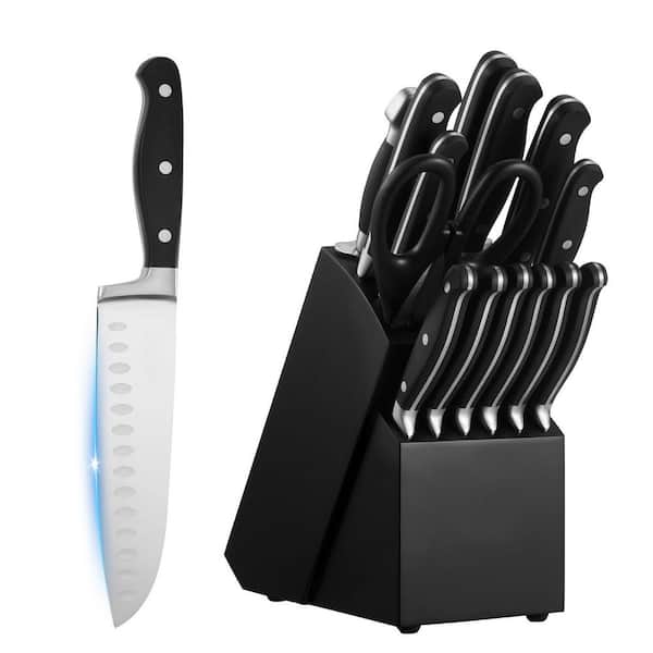 Kitchen Knife Set with Block and Sharpener, 15 Piece High Carbon Stainless Steel Sharp Knife Set, Kitchen Cutlery