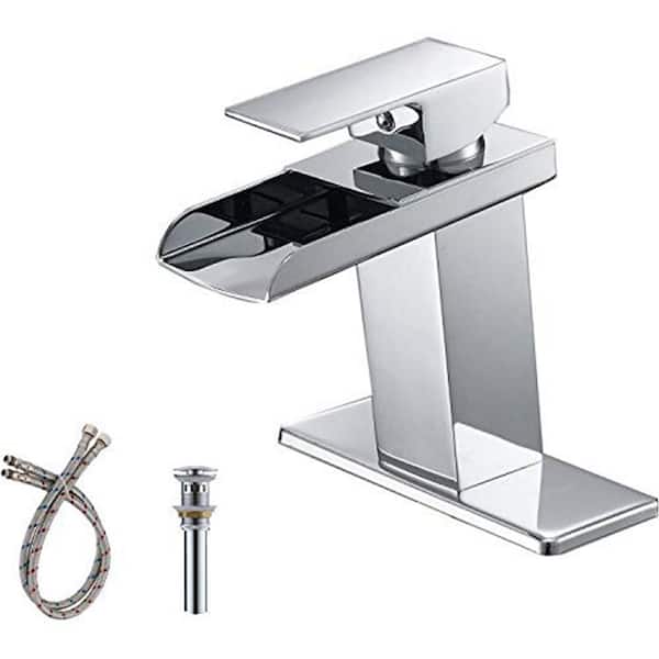 Fapully Single Handle Single Hole Bathroom Faucet Waterfall with Deck Plate Pop Up Drain in Chrome