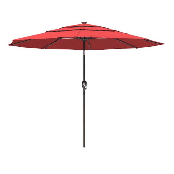 Kadehome 11 ft. Outdoor Aluminum Pole Market Patio Umbrella in Red with LED Lights and 3-Tier Vented