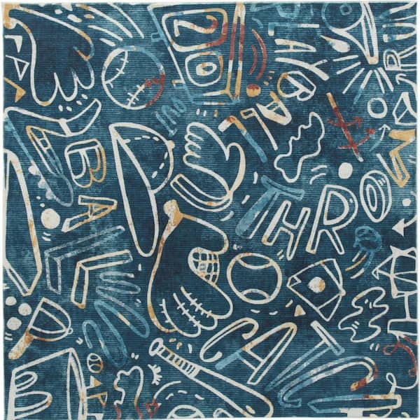 6 ft. x 6 ft. Denim Multi-Colored Sportsglyphs Abstract Washable Area Rug