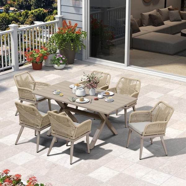 PURPLE LEAF 7-Piece Aluminum All-Weather PE Rattan Rectangular Outdoor Dining Set with Cushion, Champagne