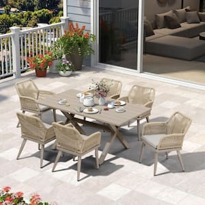 7-Piece Aluminum All-Weather PE Rattan Rectangular Outdoor Dining Set with Cushion, Champagne