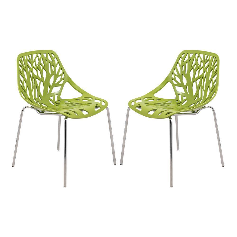 Leisuremod Asbury Modern Stackable Dining Chair With Chromed Metal Legs Set of 2 in Green - 1