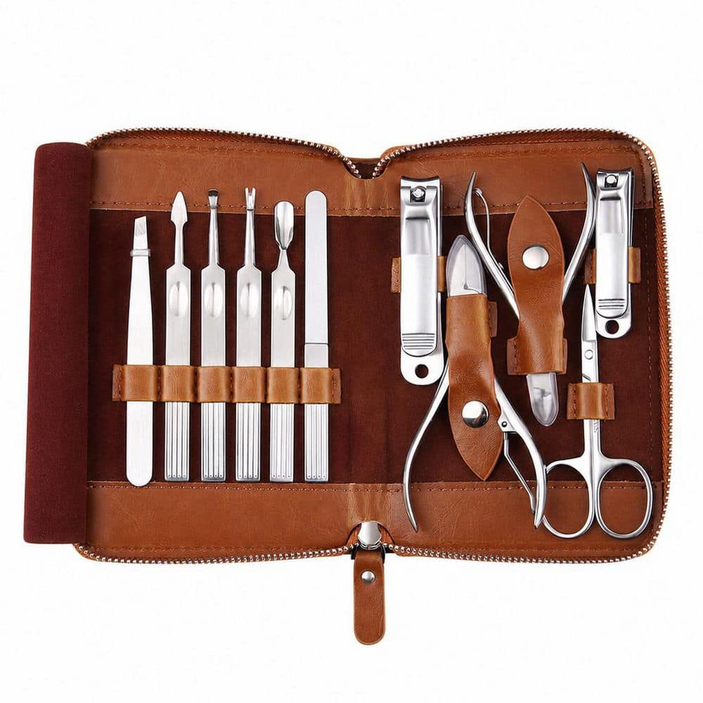 Brown Manicure Kit Nail Clipper Set 11 in 1 Stainless Steel Pedicure Tools Nail Kit Men Grooming Tool with Leather Case