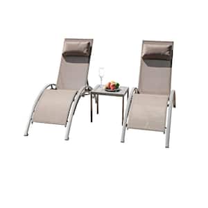 Set of 3 Khaki Aluminium Outdoor Patio Chaise Lounge with Adjustable Backrest and Wheels (2 Chairs and 1 Table)
