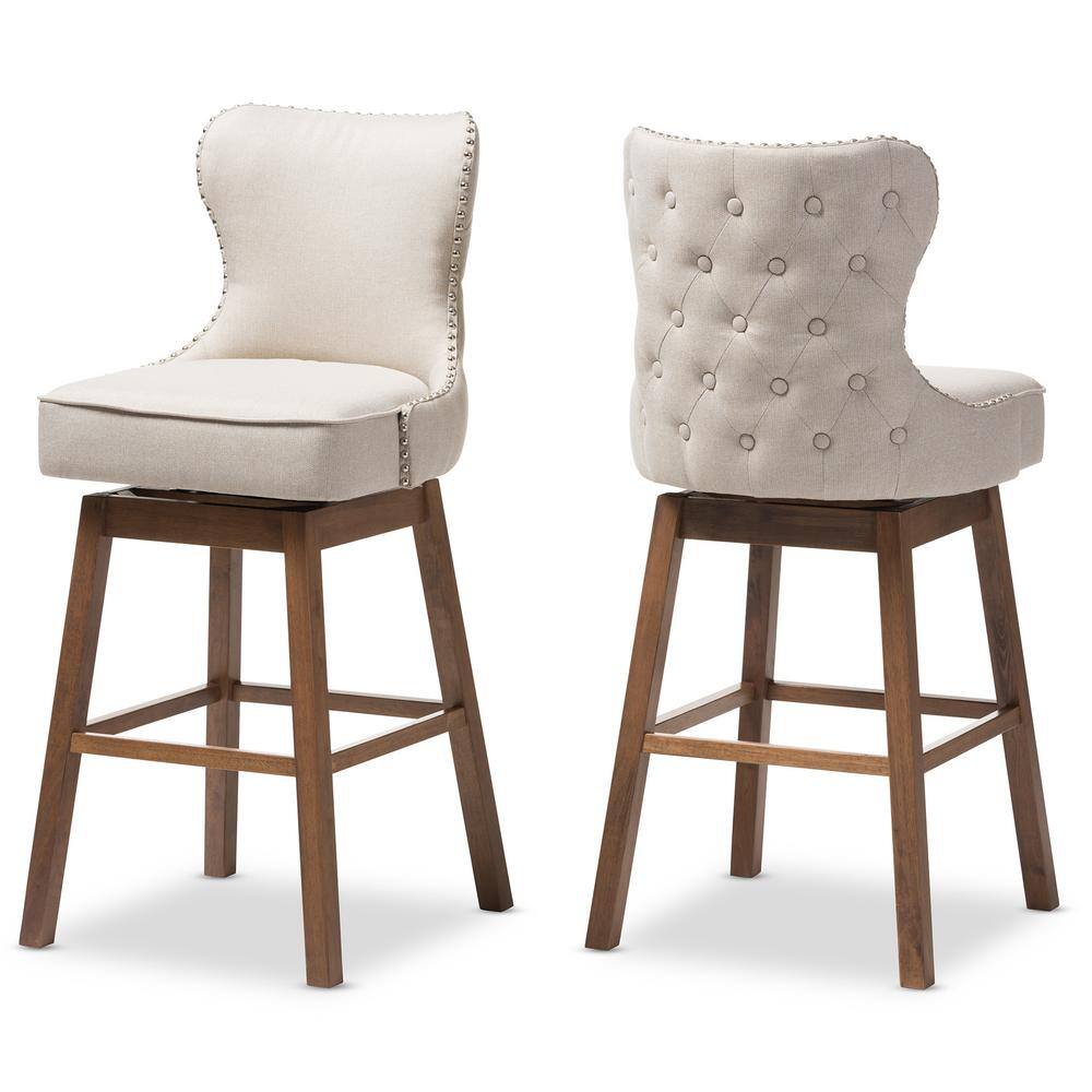 Modern Light Beige Button-Tufted Swivel Barstool in Walnut Wood