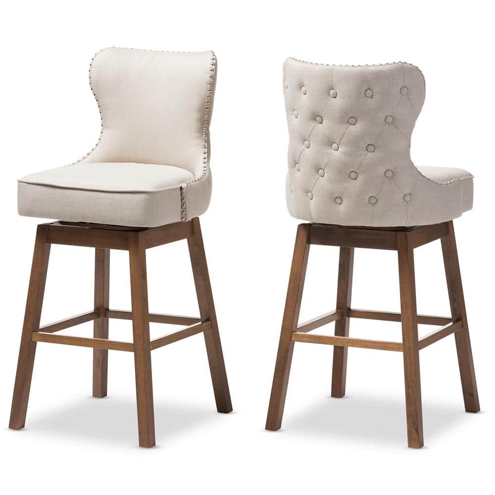 Modern Light Beige Button-Tufted Swivel Barstool in Walnut Wood