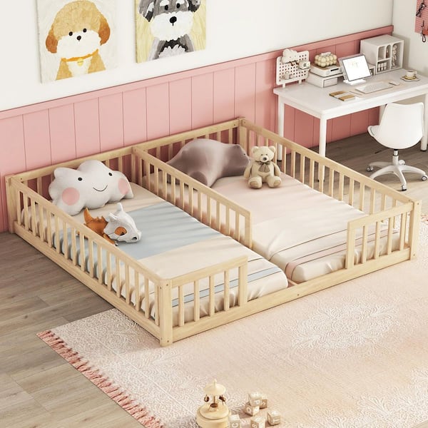 Natural Yellow Wood Frame Double Twin Size Platform Bed with Fence and Guardrails