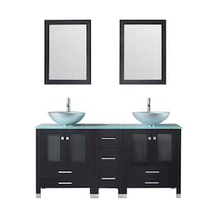 61.2 in. W x 21.5 in. D x 29.5 in. H Double Sinks Bath Vanity in Black with Clear Glass Counter Top and Mirror
