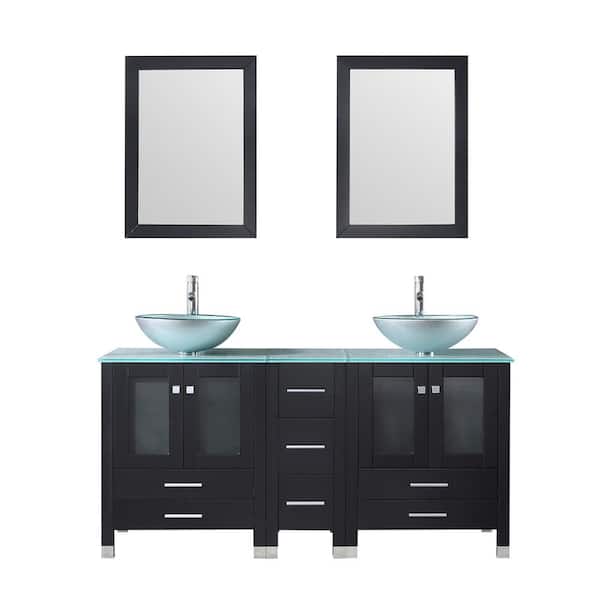 walsport 61.2 in. W x 21.5 in. D x 29.5 in. H Double Sinks Bath Vanity in Black with Clear Glass Counter Top and Mirror