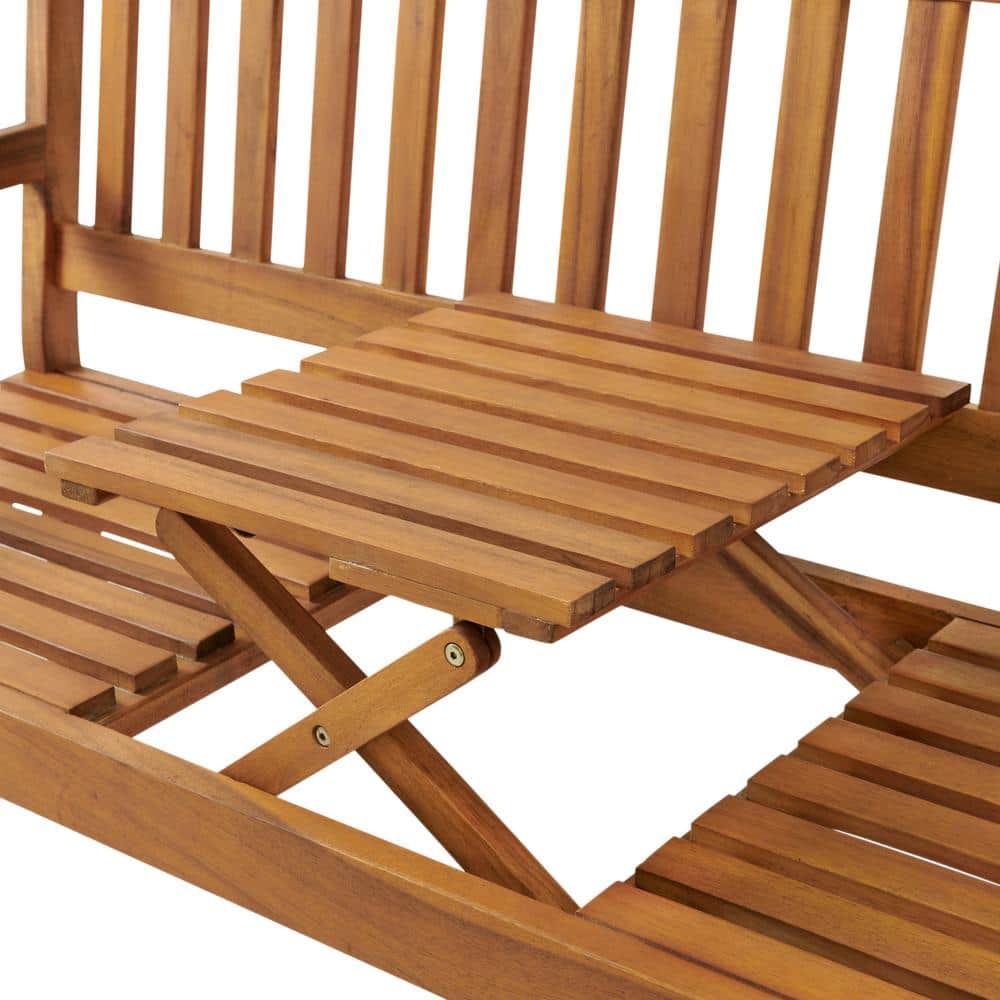 Bristol 60'' Natural Acacia Wood Outdoor Bench with Pop-Up Table