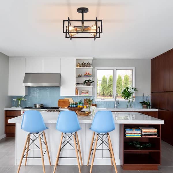 15 in. 4-Light Black/Gold Semi-Flush Mount Light with Rustic Accent Square Cage for Dining Room, No Bulb Included