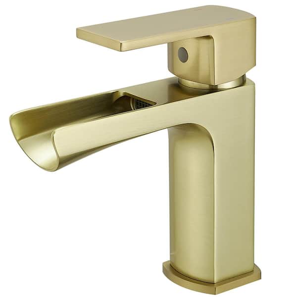 FLG Single Handle Single Hole Bathroom Faucet with Pop-up Drain Kit Modern Brass Waterfall Sink Basin Taps in Brushed Gold