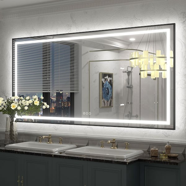 Apmir 60 in. W x 30 in. H Rectangular Framed Front and Back LED Lighted Anti-Fog Wall Bathroom Vanity Mirror in Tempered Glass